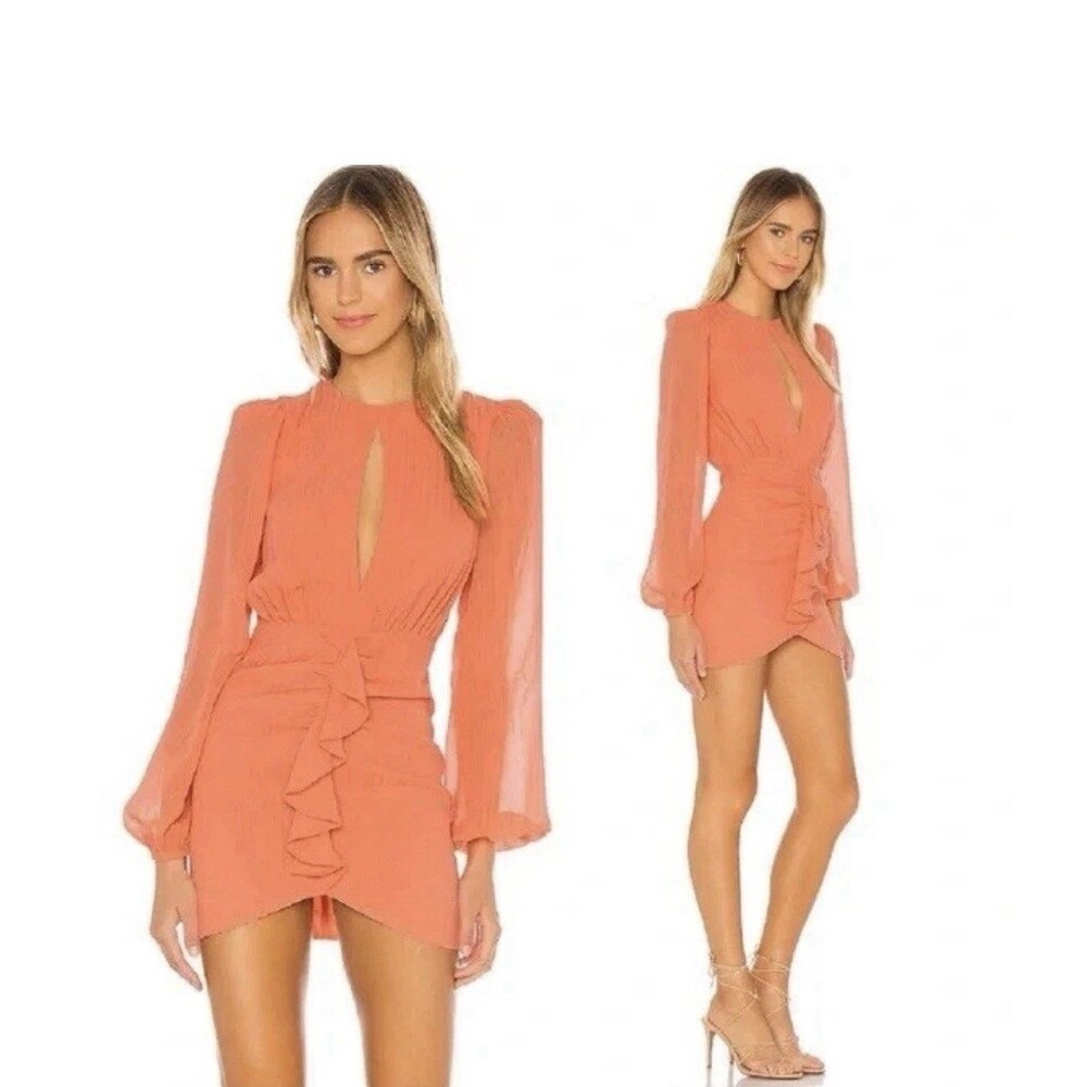 #designer, NBD Arijana Mini Dress Coral Pink Orange Sz Small Ruffle Long Sleeve